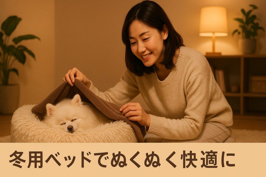 冬用のふわふわベッドでくつろぐ白ポメラニアンと笑顔の日本人女性