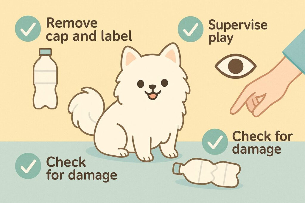 白ポメラニアンの周りに「キャップとラベルを外す」「見守り必須」「破損チェック」の3つの安全ルールを表すアイコンが並ぶイラスト
