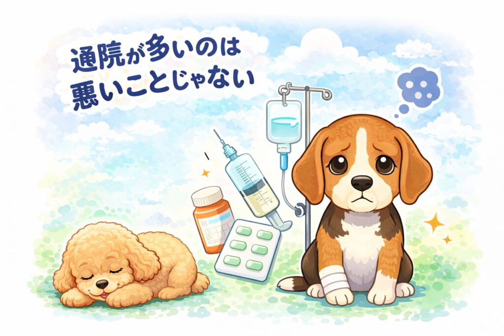 通院が多くても悪いことではないと伝えるイラスト。不安そうな老犬のそばに点滴や薬が描かれている。