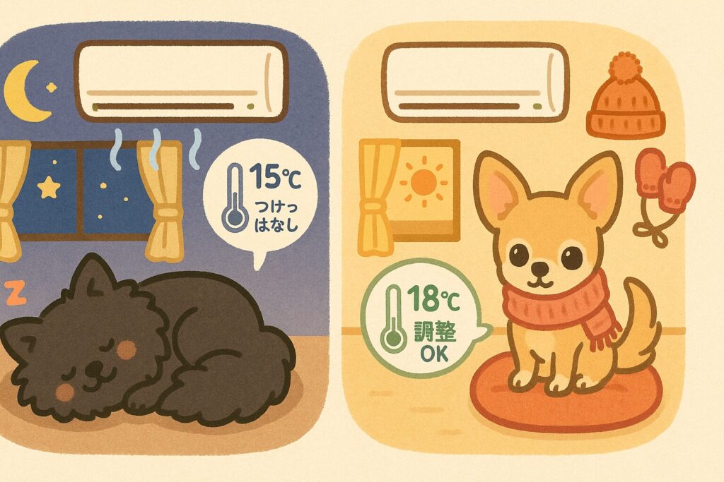 夜は弱暖房で眠る黒ポメラニアン、昼は防寒グッズで過ごすチワワを描き、15℃以下はつけっぱなしが安心と示すイラスト