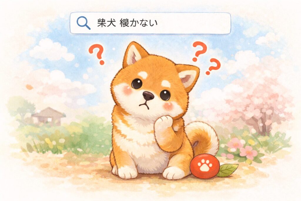 疑問符を浮かべて考え込む柴犬と「柴犬 懐かない」という検索イメージのイラスト