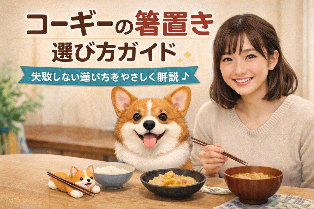 食卓でコーギーの箸置きを使いながら食事をする日本人女性とコーギーの写真風アイキャッチ画像