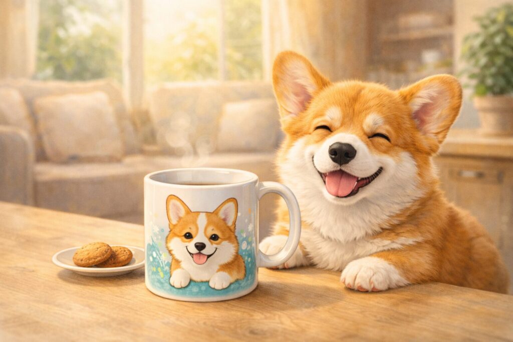 コーギー マグカップでくつろぐイメージイラスト