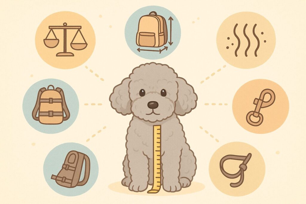 シルバートイプードルがリュックのサイズを測りながら、耐荷重や通気性など5つのポイントをアイコンで説明しているイラスト