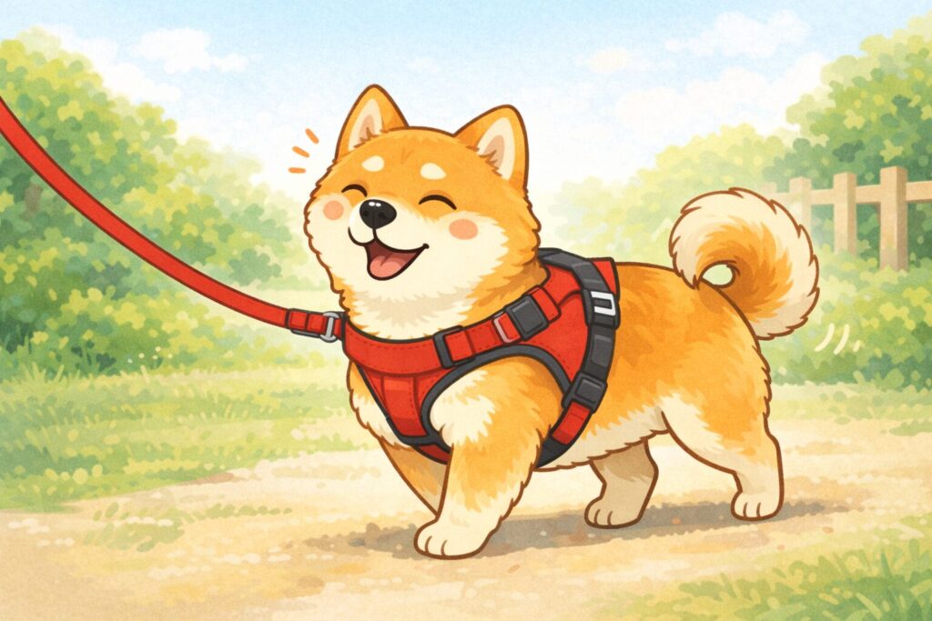 ハーネスを着けて笑顔で歩く柴犬のイラスト