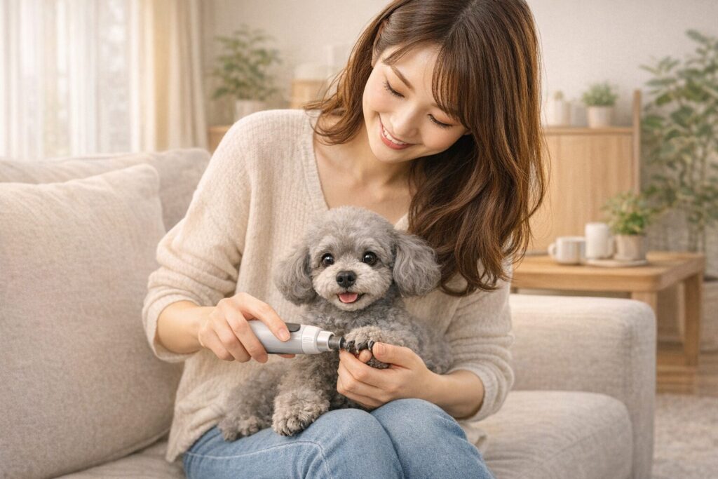日本人女性が老犬のトイプードルを膝に乗せ、電動爪ヤスリで優しく爪を整えている様子。