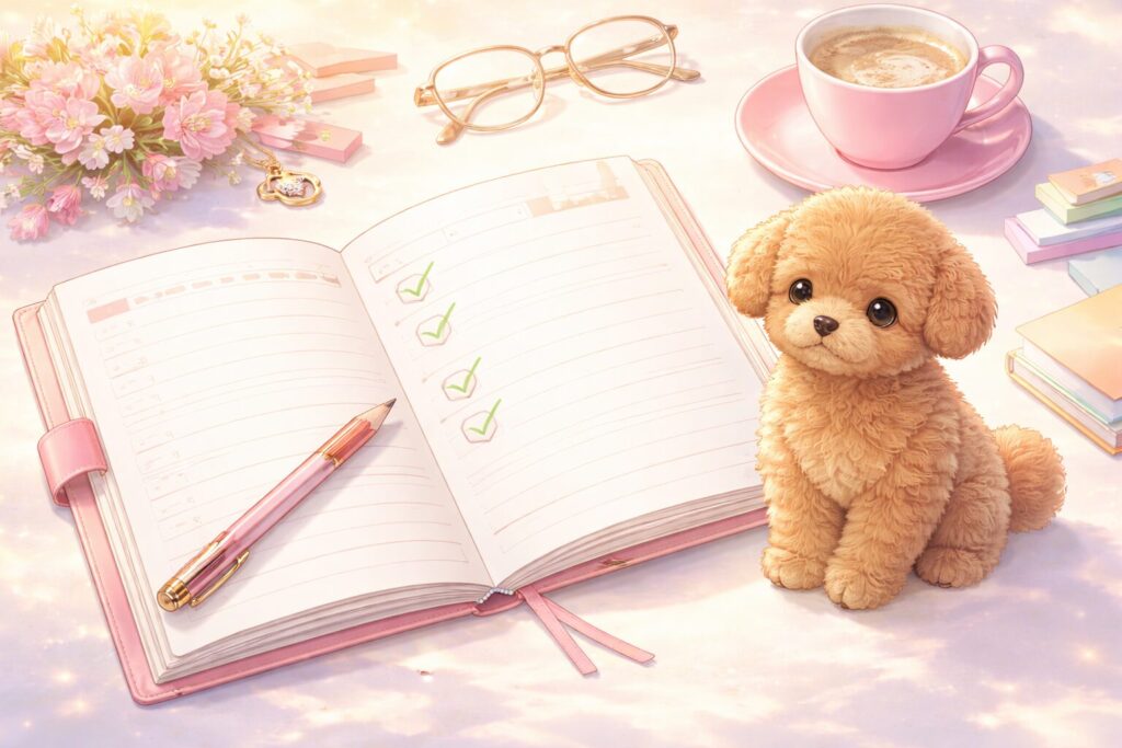 チェックマークの入ったノートの横に座る子犬のイラスト(犬を拾う夢の開運アクションを表すイメージ)
