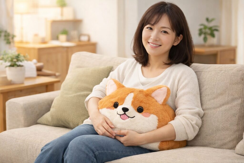ナチュラルなリビングでコーギークッションを抱える日本人女性の暮らしイメージ