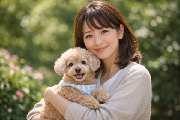 自然な屋外で、日本人女性が老犬のアプリコットトイプードルを優しく抱きしめている様子