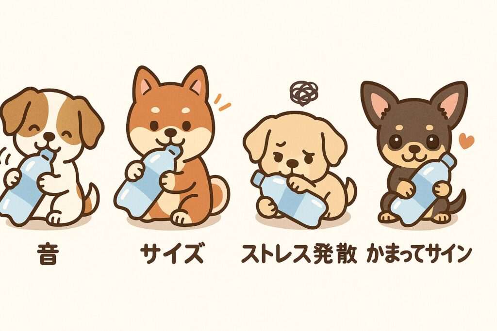 小型犬たちが「音が楽しい」「サイズがちょうどいい」「ストレス発散」「かまってサイン」それぞれの理由でペットボトルを噛んでいるイラスト