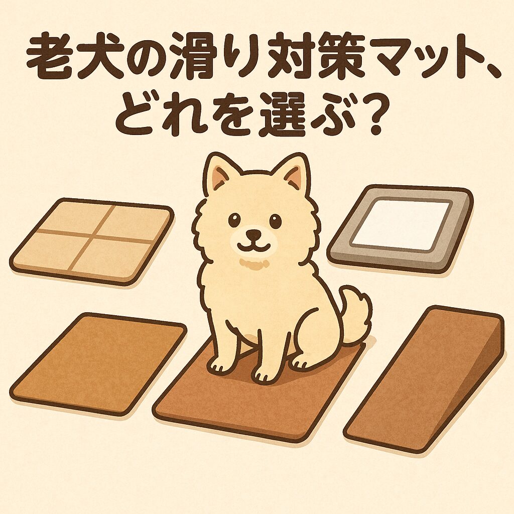 老犬の滑り対策として使われる複数種類のマットを一覧で比較しているイラスト