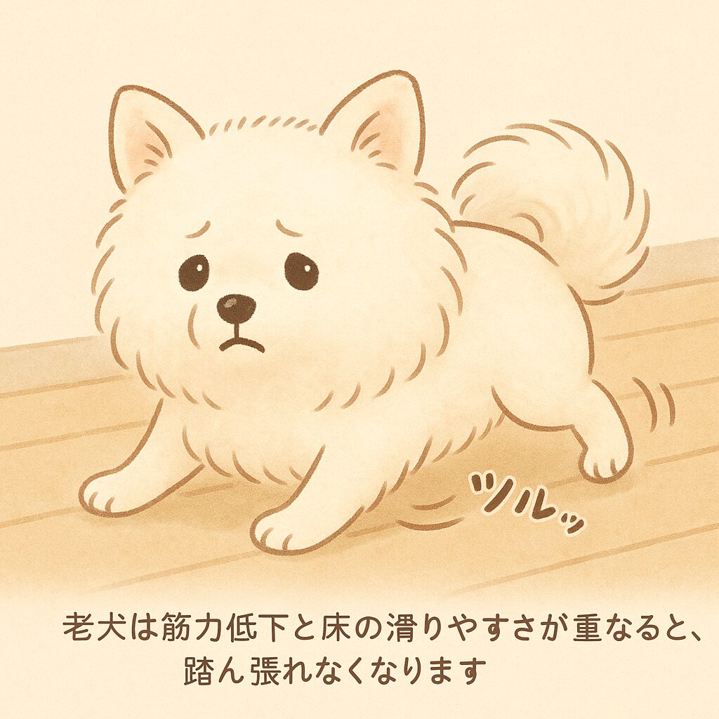 フローリングで後ろ足が滑ってしまう老犬ポメラニアンを原因説明用に描いたイラスト