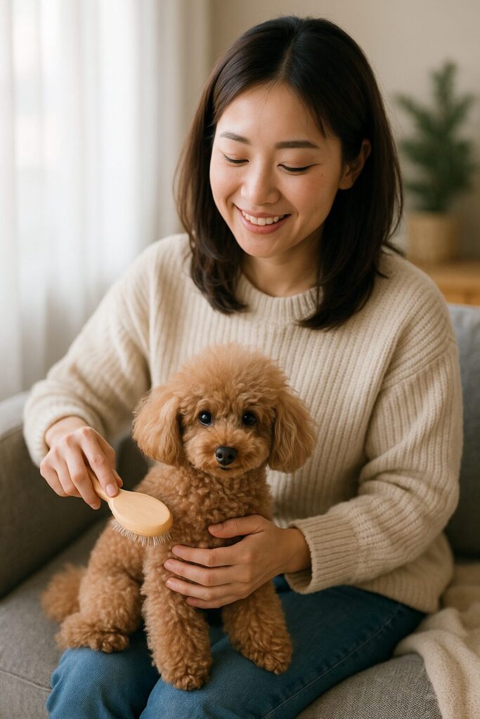 冬の室内でトイプードルをブラッシングする日本人女性の様子