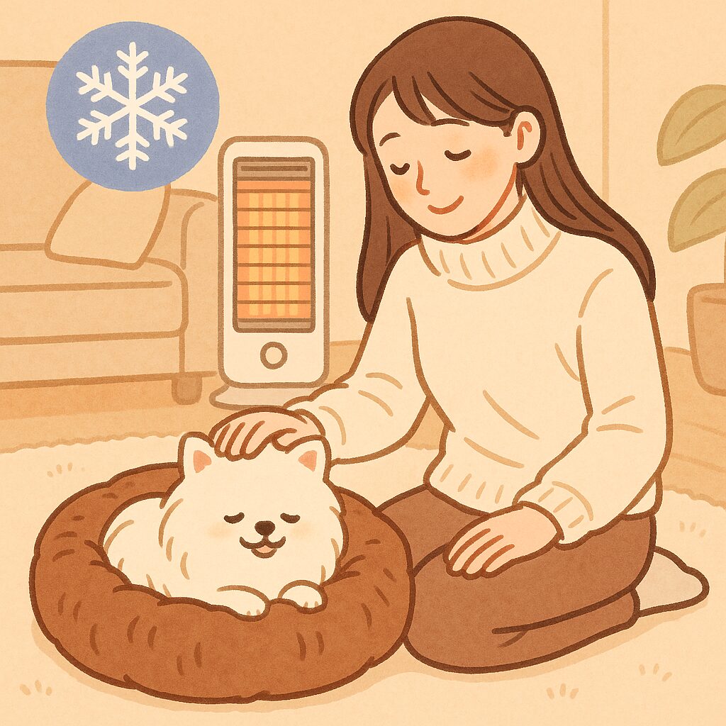 　白ポメラニアンが冬用ベッドであたたかく過ごし、女性が優しく見守るイラスト