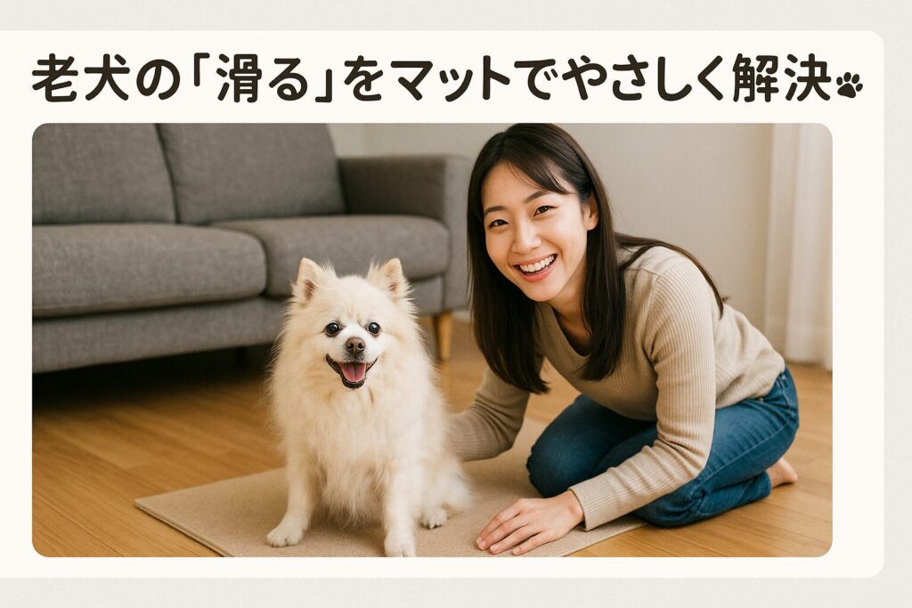 フローリングで滑りやすい老犬のために滑り止めマットを敷いたリビングで、白いポメラニアンと笑顔の日本人女性が写っている写真