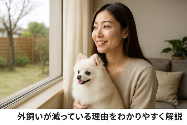 日本人女性が白ポメラニアンを抱きながら外を見ている写真