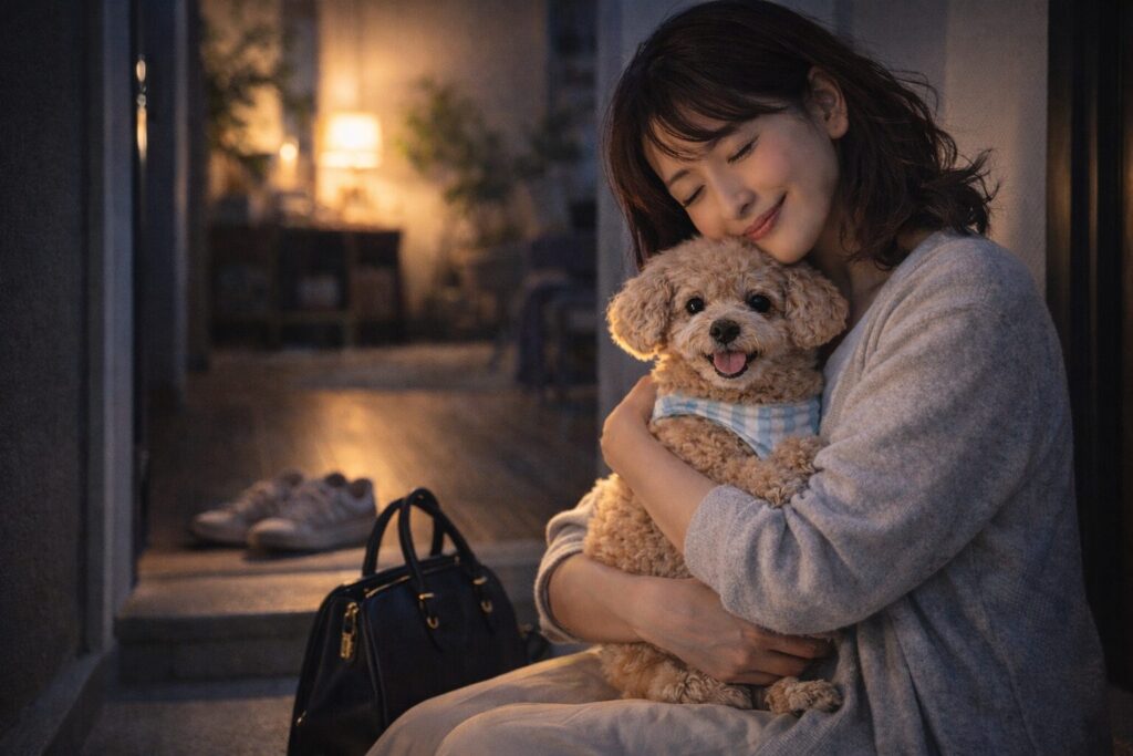 夜の玄関先で、日本人女性が老犬のアプリコットトイプードルを抱きしめ、安堵した表情を浮かべている様子