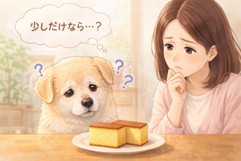 カステラを前にして与えてよいか迷う老犬と飼い主のイラスト