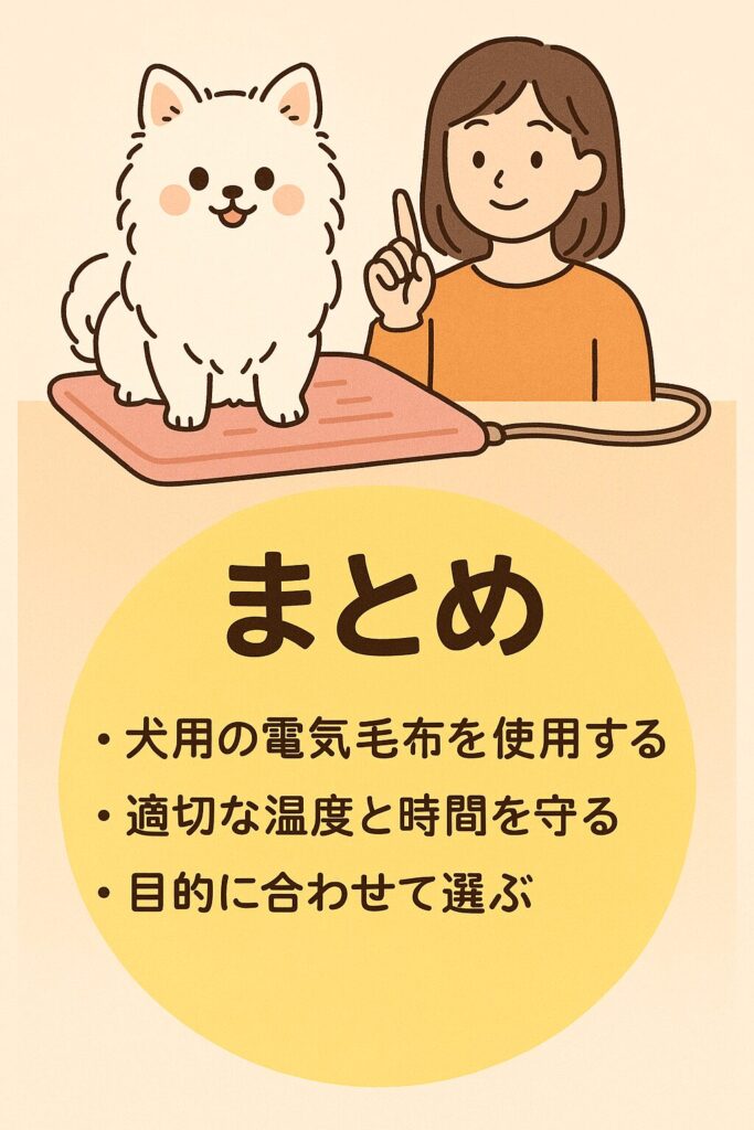 白ポメラニアンが電気毛布の上に座り、飼い主がポイントを指差しながら「まとめ」を示すイラスト