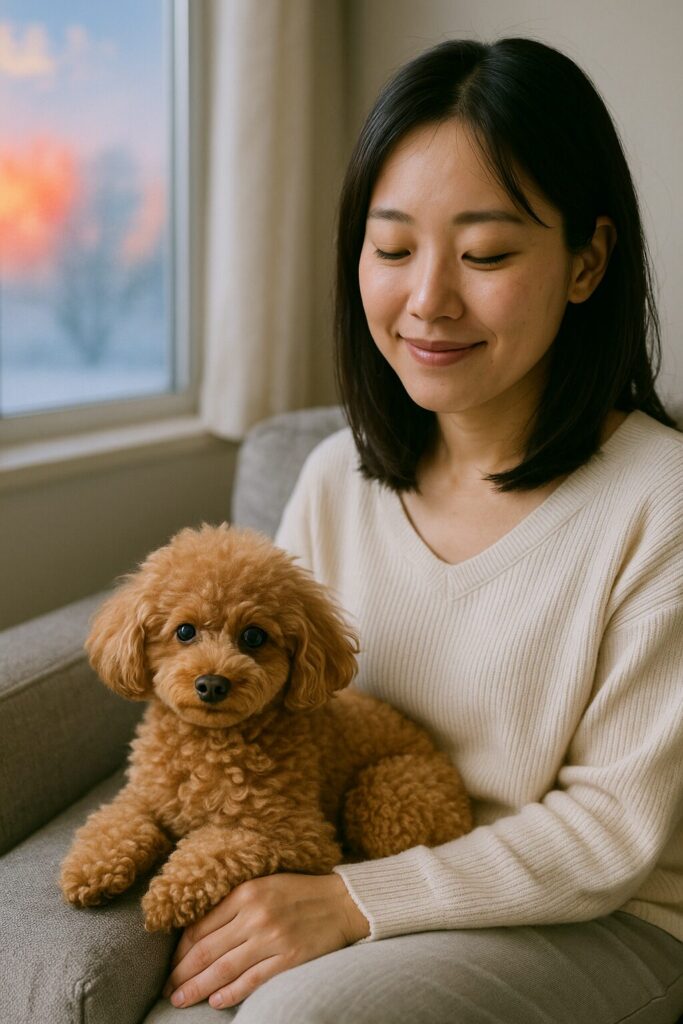 日本人女性とアプリコットプードルが室内でくつろぐ写真