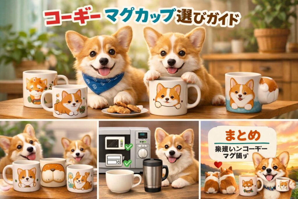 コーギー柄マグカップと可愛いコーギーが並ぶ選び方ガイドのアイキャッチ画像