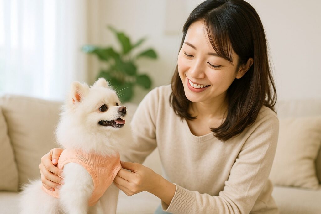 犬の服が苦手な白ポメラニアンと日本人女性が、明るい室内で服を前に向き合っている実写風アイキャッチ画像。