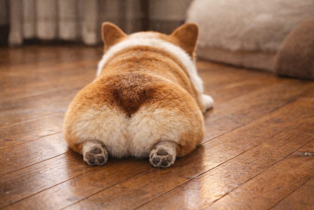 床の上で伏せて脚が隠れ、食パンのようなシルエットに見えるコーギーの後ろ姿の写真