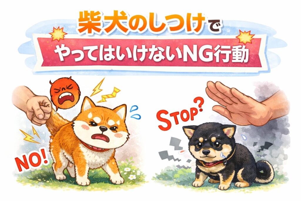怒られて不安そうな柴犬と「STOP」「NO」と注意喚起が描かれた、柴犬のNGなしつけ行動を表すイラスト