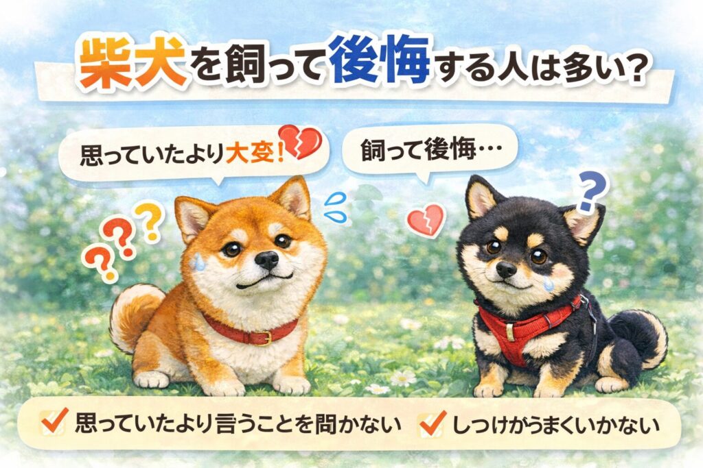 困った表情の柴犬と豆柴が並び、柴犬を飼って後悔する人が多い理由を表したイラスト