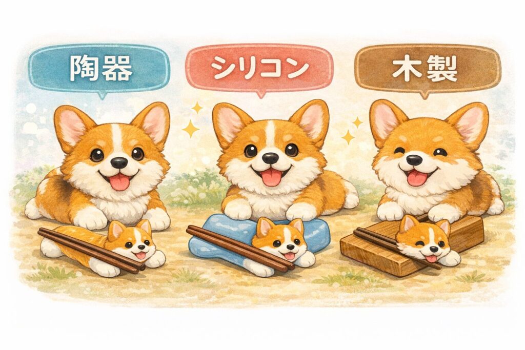 陶器・シリコン・木製のコーギー箸置きを素材別に比較しているイラスト