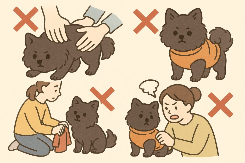 犬の服の着せ方におけるNG行為を、黒ポメラニアンの例でわかりやすく表現した注意喚起イラスト。