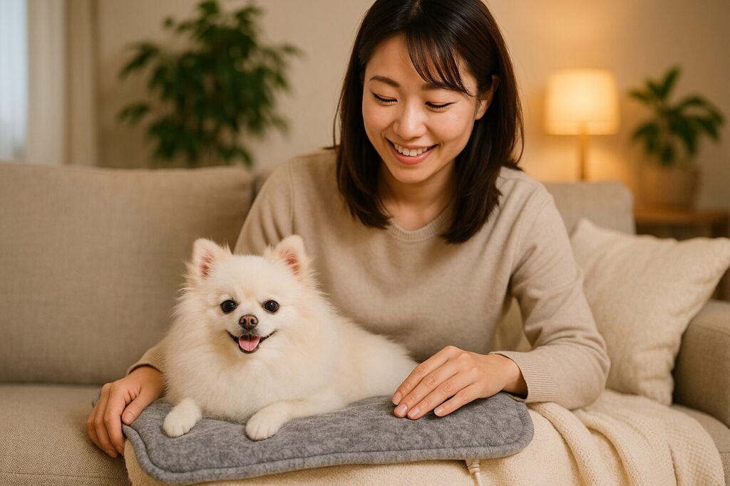 電気毛布の上でくつろぐ白ポメラニアンと、日本人女性が温度を優しく確認している様子