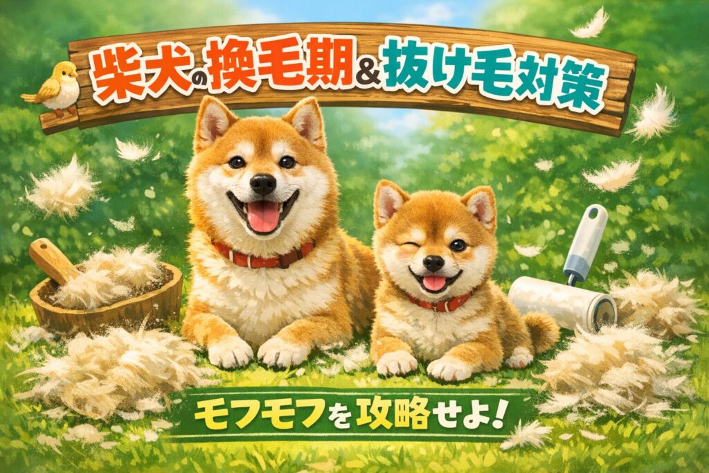 春の屋外で換毛期の抜け毛に囲まれて笑顔の柴犬と豆柴のイラスト