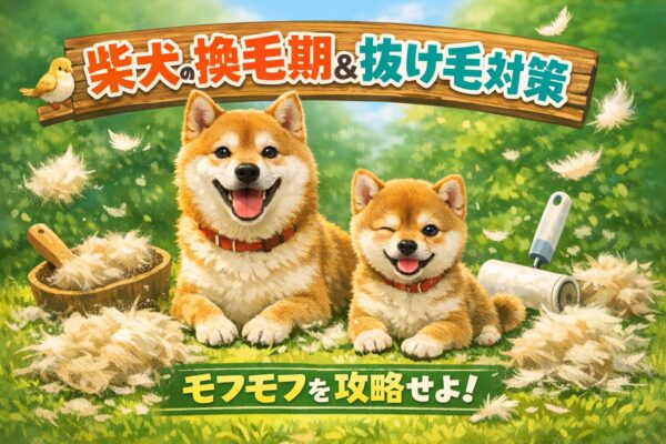 春の屋外で換毛期の抜け毛に囲まれて笑顔の柴犬と豆柴のイラスト