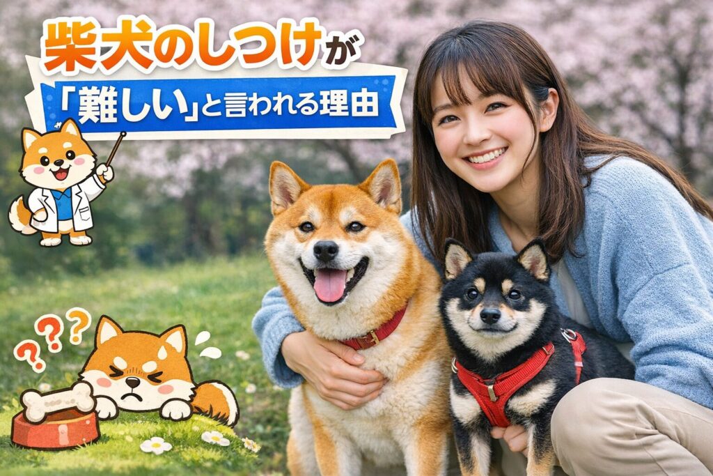 桜の咲く公園で笑顔の日本人女性と柴犬・豆柴が並ぶ、柴犬のしつけ解説記事のアイキャッチ画像