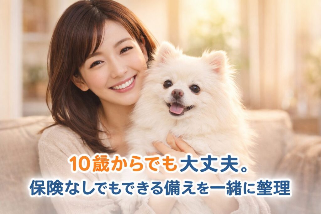 日本人女性が白ポメラニアン（シニア犬）を抱いて微笑む、あたたかい室内の写真