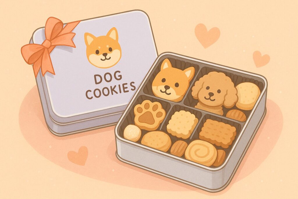 柴犬やトイプードル、肉球モチーフのアイシングクッキーが詰まった可愛いクッキー缶のイラスト。リボン付きの蓋がギフトらしさを演出している。