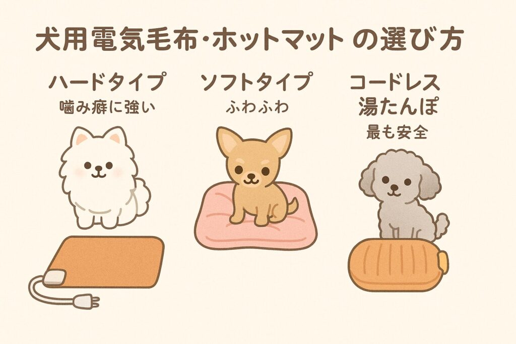 ハードタイプ・ソフトタイプ・コードレス湯たんぽにそれぞれ白ポメ、プードル、黒ポメが乗り、安全性やコード有無を示す比較図