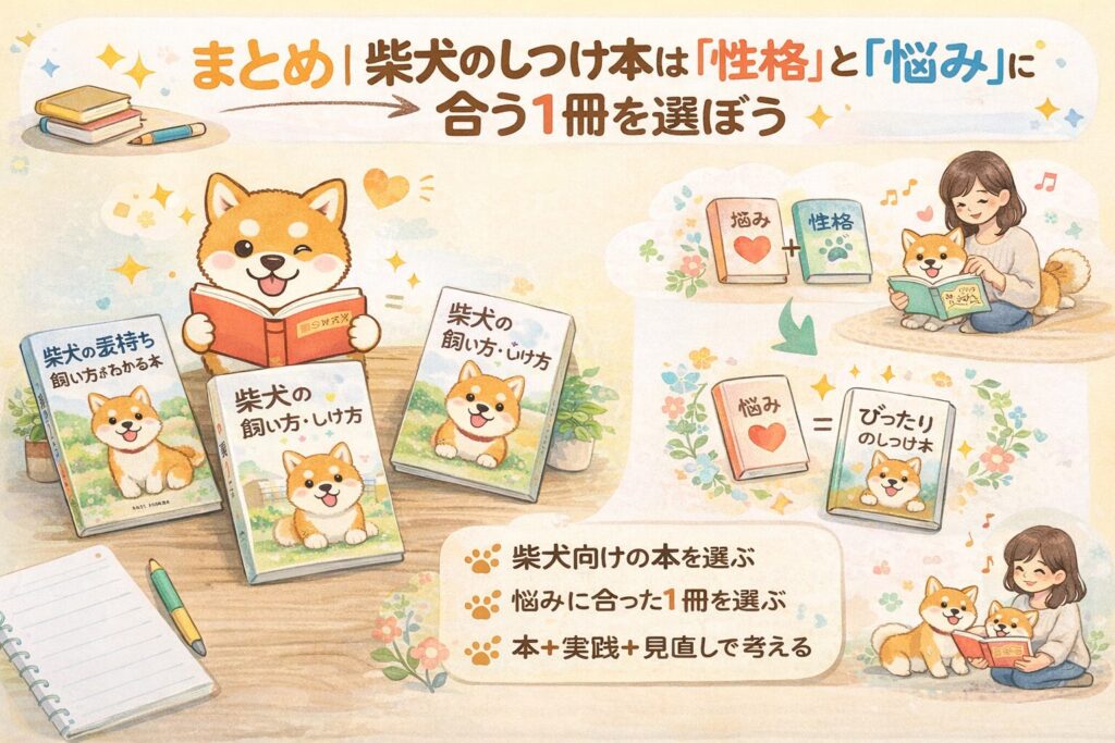 柴犬のしつけ本は性格と悩みに合う1冊を選ぶことが大切だと伝えるまとめイラスト。柴犬向けの本選び、悩み別の選択、実践と見直しの考え方を紹介している。