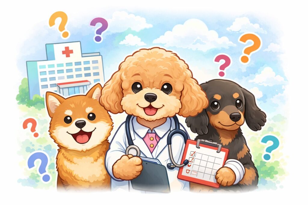 老犬の通院頻度について悩むイメージのイラスト。獣医に扮したトイプードルと犬たちが病院を背景に並んでいる。