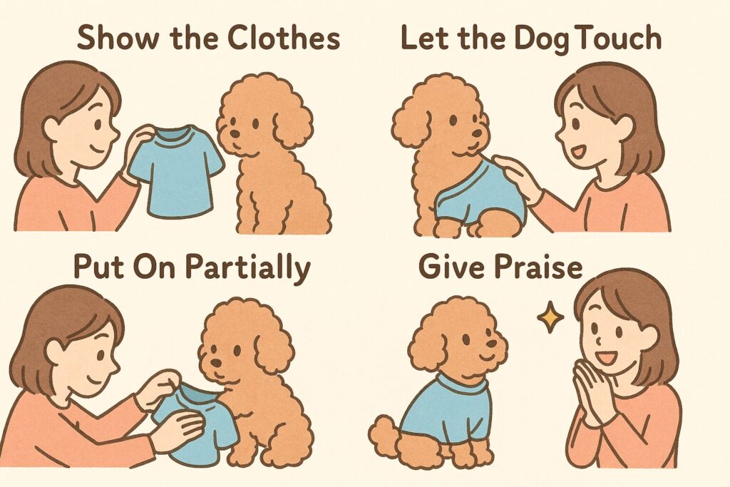 犬にストレスをかけない服の着せ方を4ステップで分かりやすく説明したアプリコットプードルのイラスト。