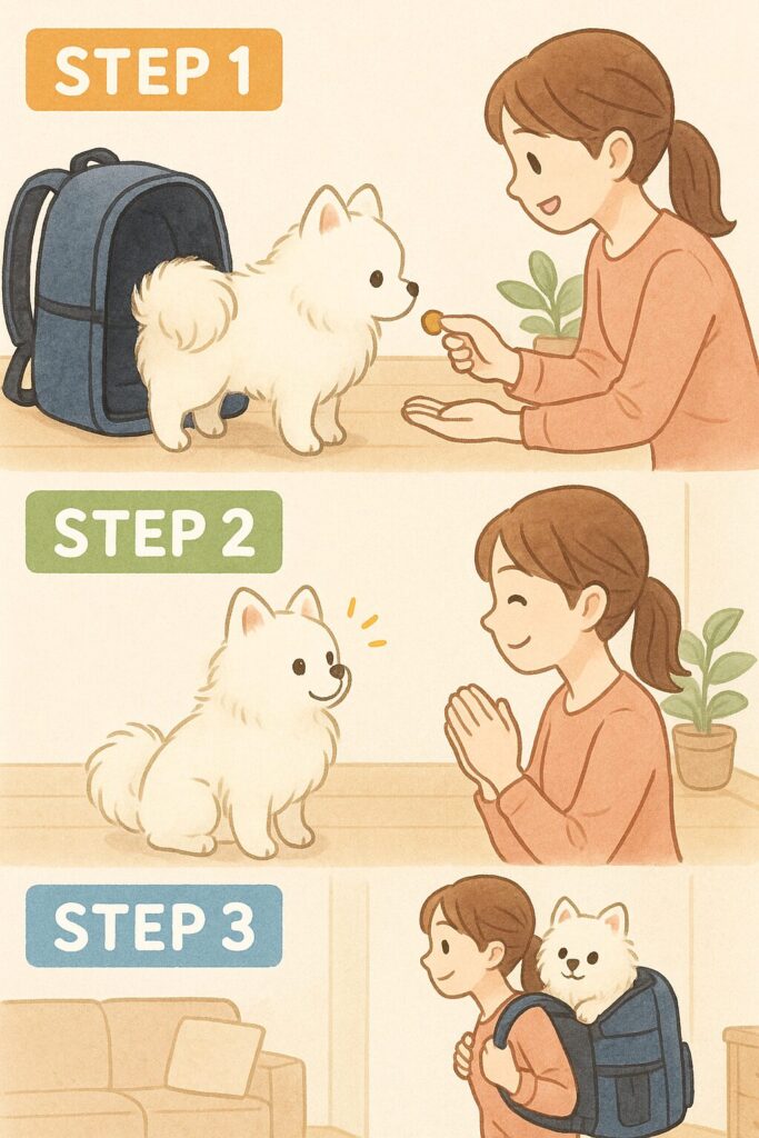 日本人女性がおやつを使いながら白ポメラニアンを少しずつリュックに慣らしていく3ステップのイラスト