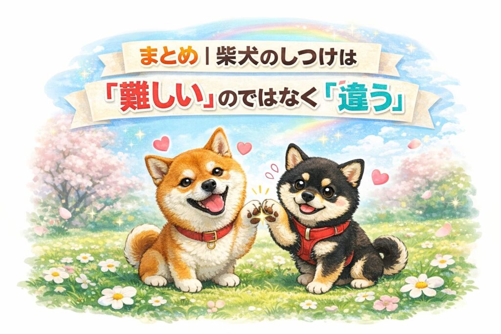 笑顔で肉球タッチをする柴犬と豆柴が描かれた、柴犬のしつけは違いを理解することが大切だと伝えるイラスト