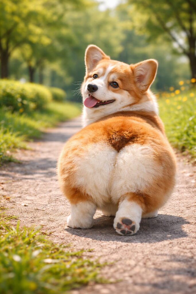 小道を歩きながら振り返るコーギーの丸いプリケツがよく分かる後ろ姿