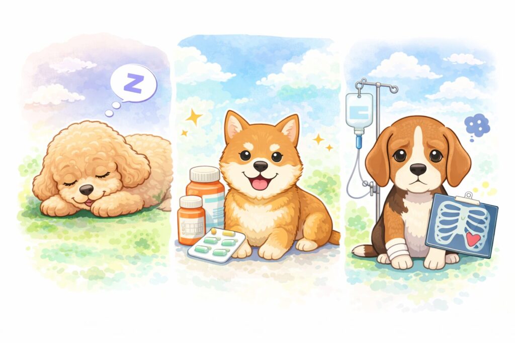 老犬の状態によって通院頻度が変わることを表したイラスト。眠っている犬、薬のそばで元気な犬、治療中の犬が並んで描かれている。