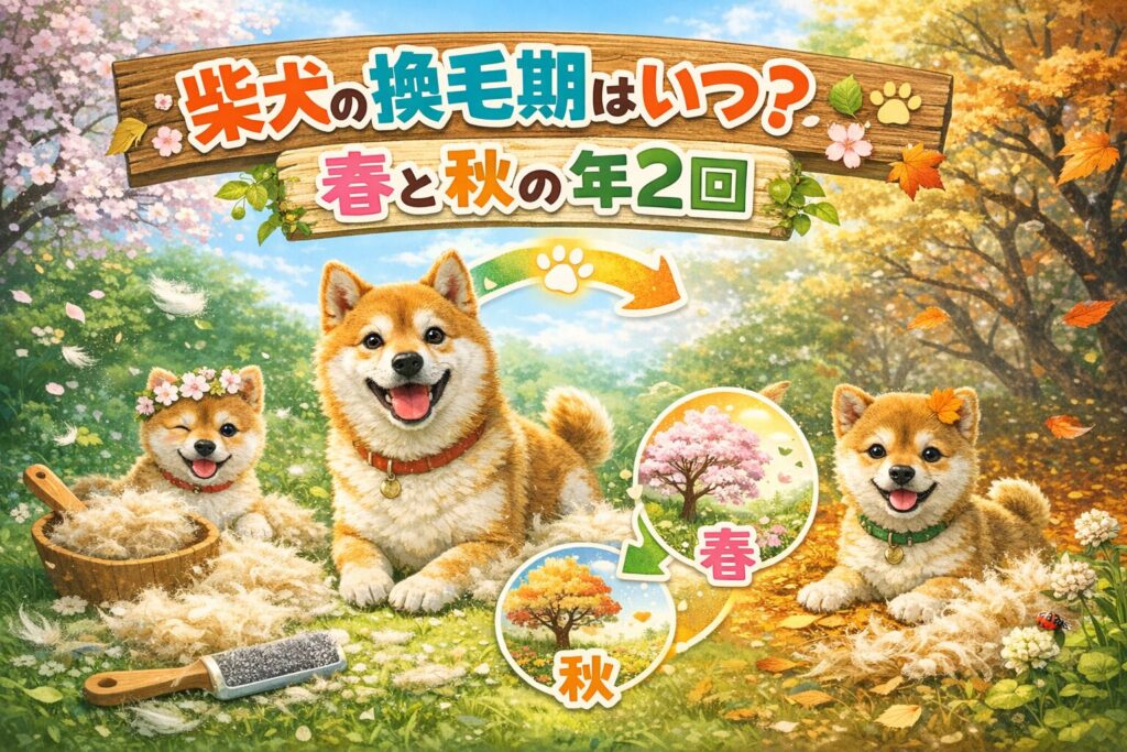 春と秋の季節を背景に換毛期を迎える柴犬と豆柴のイラスト
