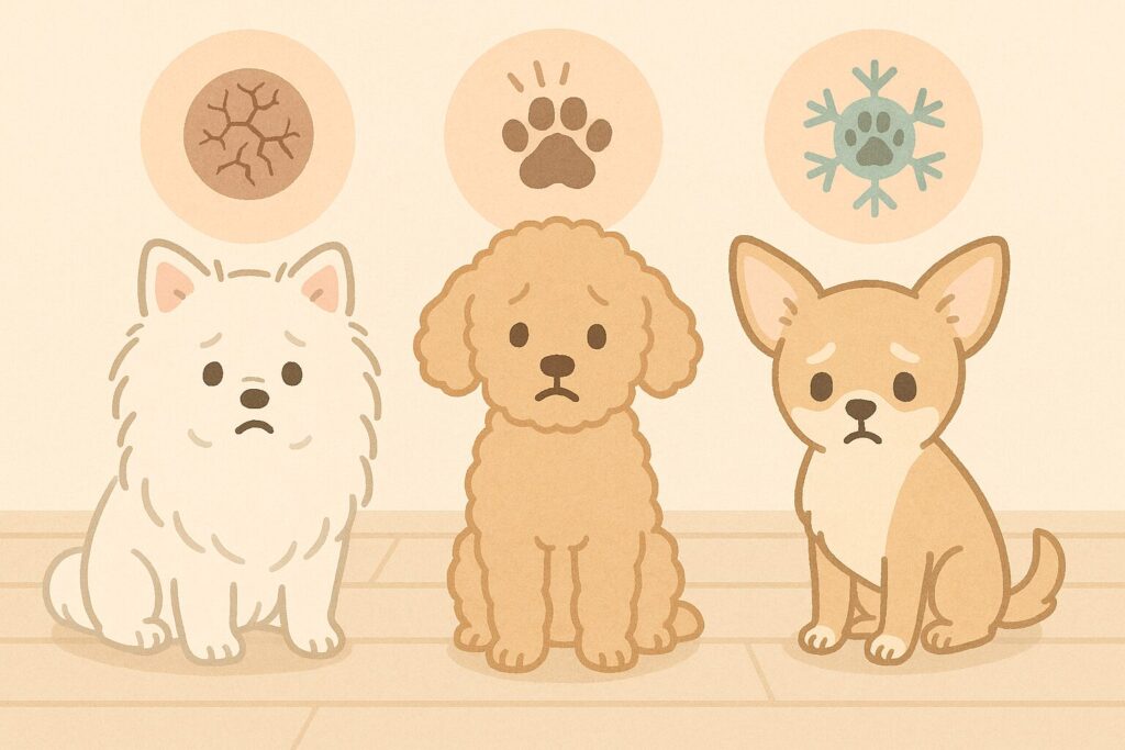 老犬の肉球が乾燥や硬化によって滑りやすくなる原因を示したイラスト