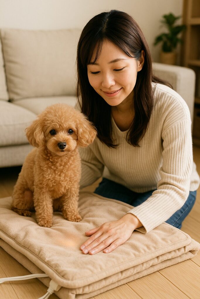 アプリコットプードルが電気毛布の上でくつろぎ、日本人女性が手で温度を優しく確認している場面