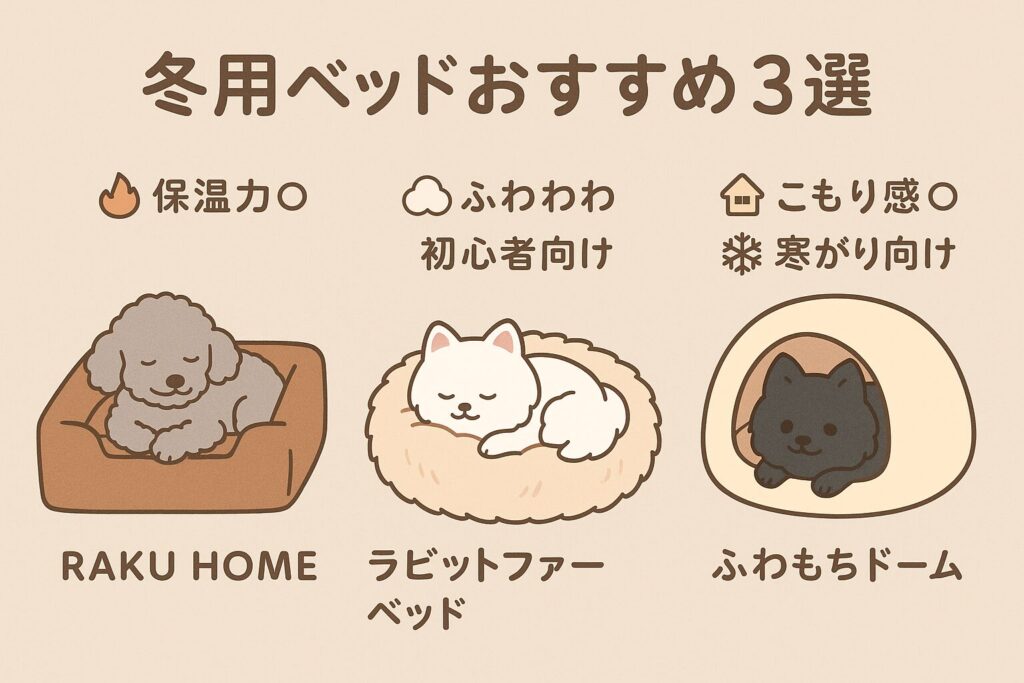 スクエア型・ラウンド型・ドーム型の冬用犬ベッドに、それぞれ異なる小型犬（プードル・白ポメラニアン・黒ポメラニアン）がくつろいでいる比較イラスト