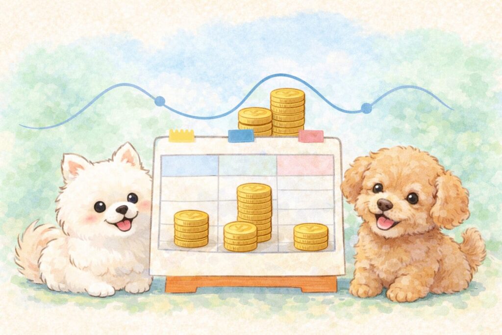 白ポメラニアンとアプリコットトイプードルがカレンダーとコインを見ながら、医療費には月ごとの波があることを伝えているイラスト